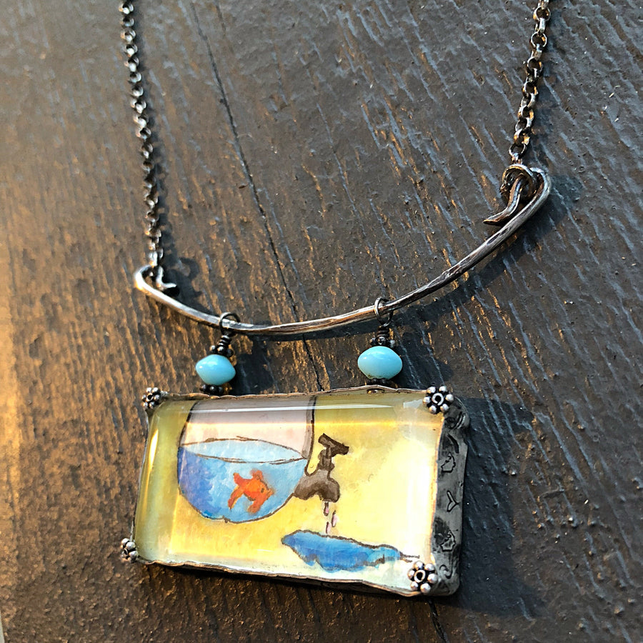 Artisan Original Tiny Painting Encased in Sterling Silver and Glass, Fish Bowl Water Chunky Statement Necklace Hand Stamped & Forged Pendant