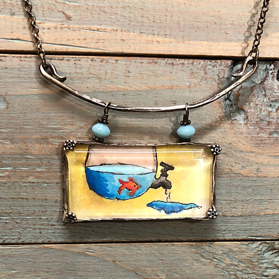 Artisan Original Tiny Painting Encased in Sterling Silver and Glass, Fish Bowl Water Chunky Statement Necklace Hand Stamped & Forged Pendant