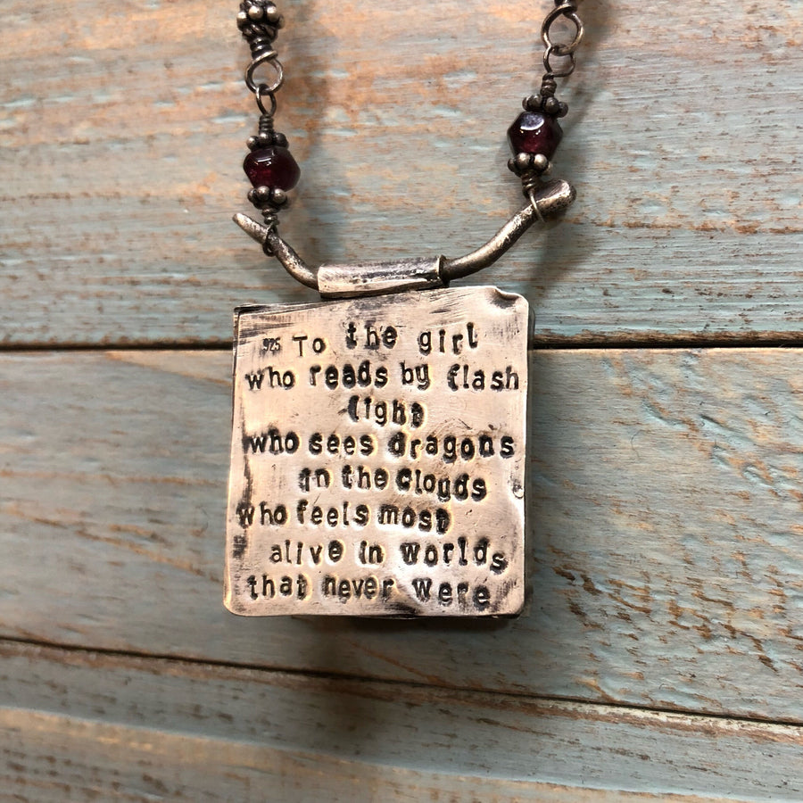 Artisan Original Tiny Painting Encased in Sterling Silver & Glass, Books, Reading, Quote, Chunky Statement Necklace, Hand Stamped, Bookworm