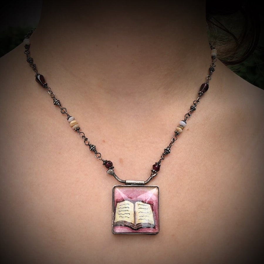 Artisan Original Tiny Painting Encased in Sterling Silver & Glass, Books, Reading, Quote, Chunky Statement Necklace, Hand Stamped, Bookworm