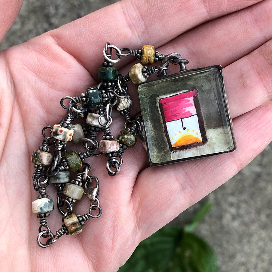 Artisan Original Tiny Painting Encased in Sterling Silver & Glass, Open Window, Statement Necklace, Hand Stamped, Sunrise, Ocean Jasper OOAK