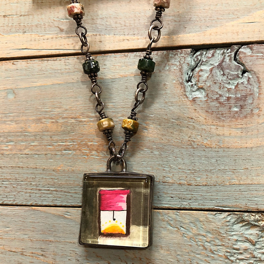 Artisan Original Tiny Painting Encased in Sterling Silver & Glass, Open Window, Statement Necklace, Hand Stamped, Sunrise, Ocean Jasper OOAK