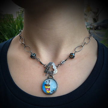 Artisan Original Tiny Watercolor Painting Sterling Silver & Glass, But First Coffee Statement Necklace