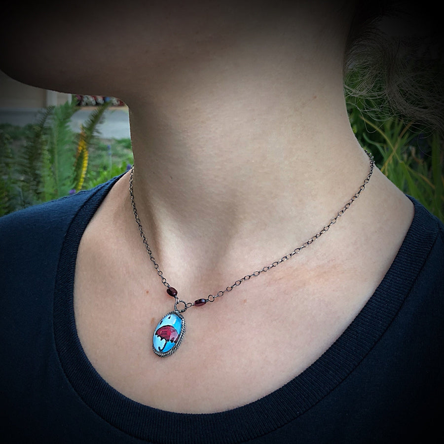 Artisan Original Tiny Painting Sterling Silver & Glass Umbrella Garnet Statement Necklace