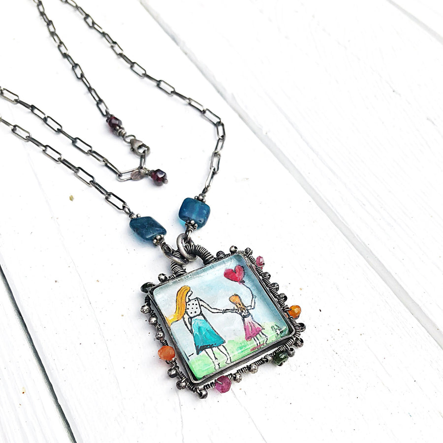 Artisan Original Tiny Painting Pendant Sterling Silver & Glass Hand Stamped Watercolor Gemstone Statement Necklace