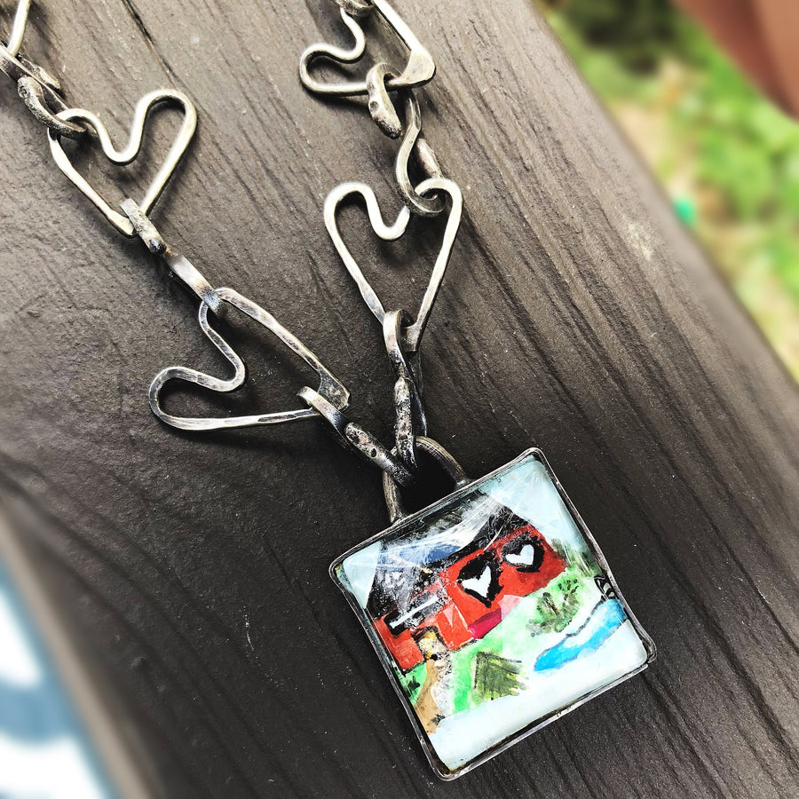 Artisan Original Tiny Watercolor Painting Sterling Silver & Glass Home Heart Statement Necklace