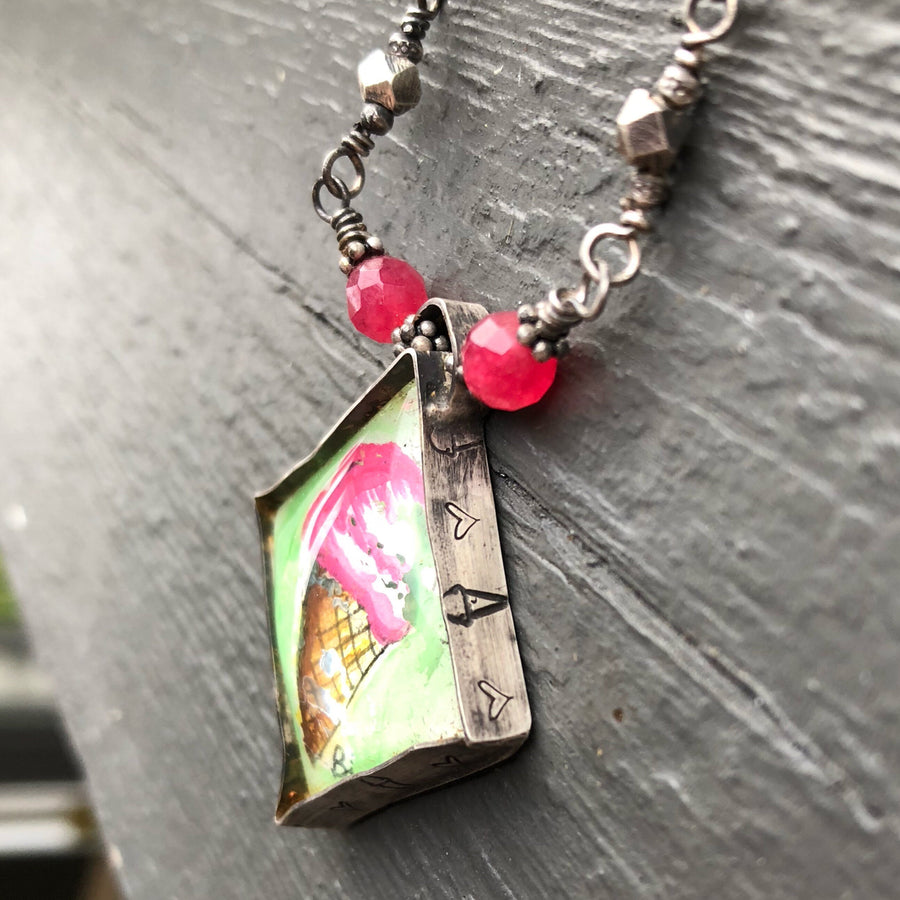 Artisan Original Tiny Watercolor Painting Sterling Silver & Glass Ice Cream Love Friendship Statement Necklace