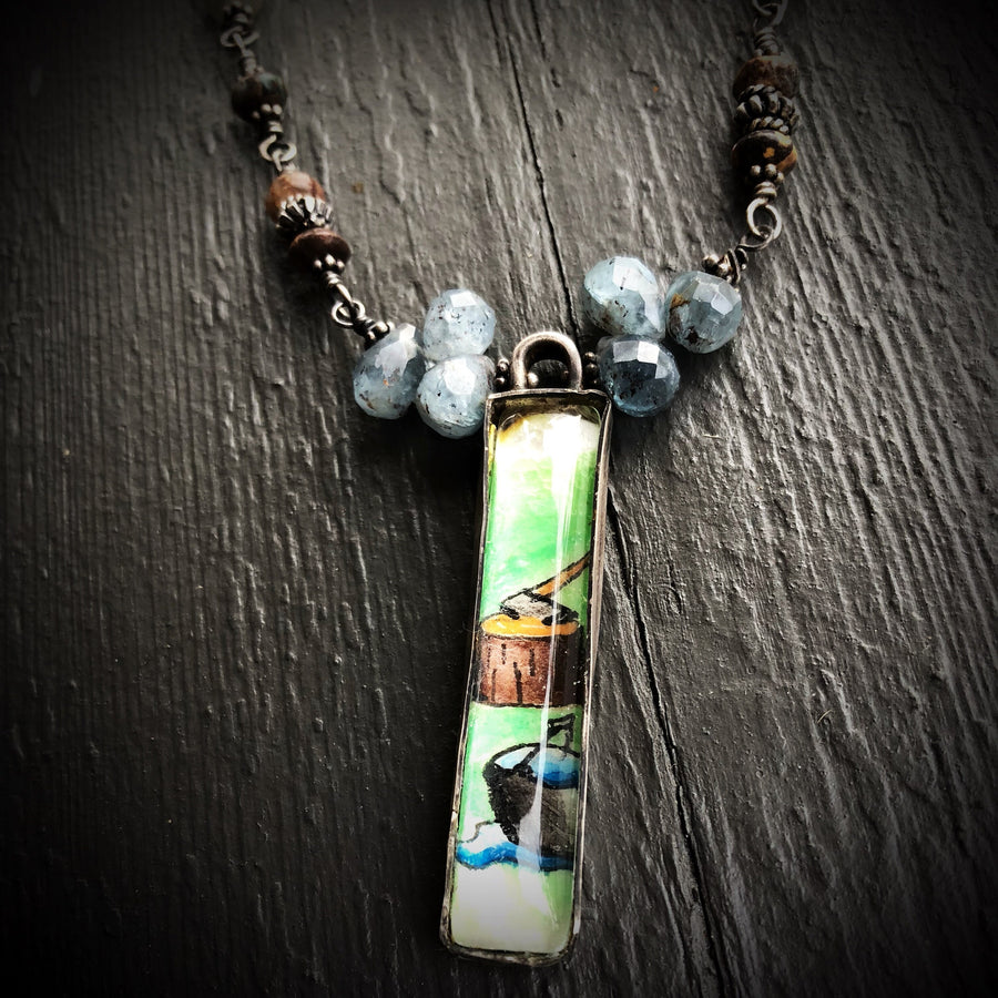 Artisan Original Tiny Painting Encased in Sterling Silver & Glass - Chop Wood Carry Water - Zen