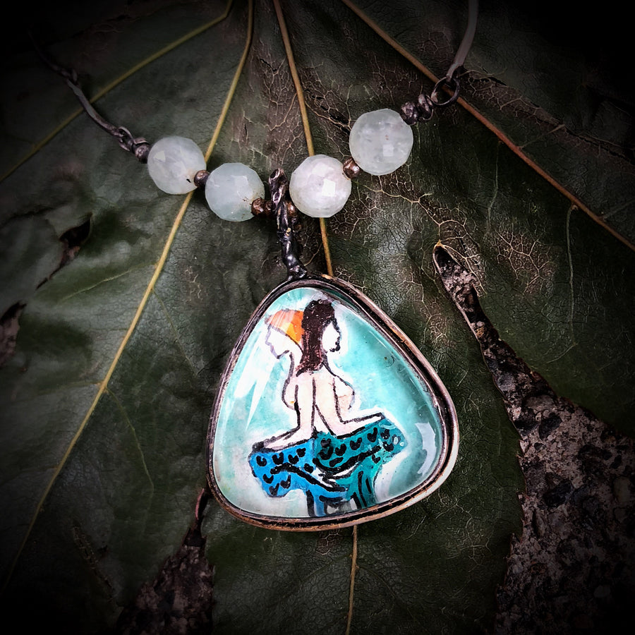 Artisan Original Tiny Painting Encased in Sterling Silver & Glass GEMINI Zodiac Necklace Pendant