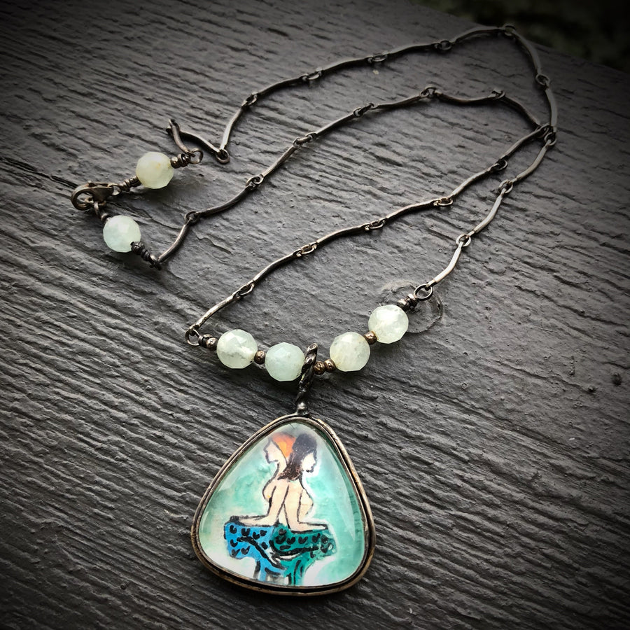 Artisan Original Tiny Painting Encased in Sterling Silver & Glass GEMINI Zodiac Necklace Pendant