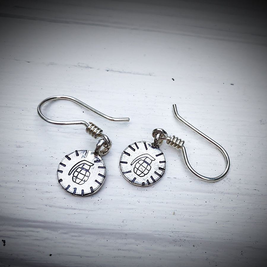 Artisan Sterling Silver Little Grenade Earrings, Steampunk Earrings, Quirky Gift