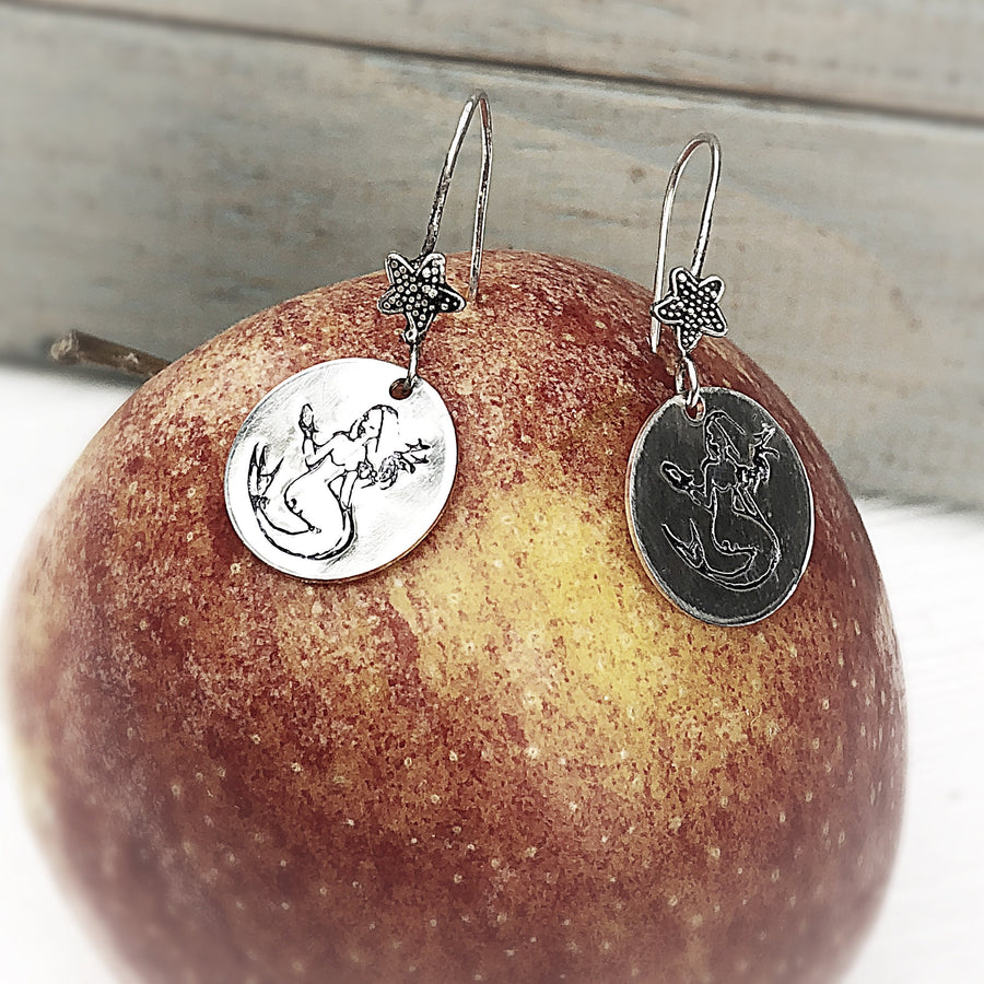 Artisan Sterling Silver Rustic Mermaid Earrings, Mermaid with Starfish Earwires, Mermaid Holding Fish, Sweet Mermaid Earrings