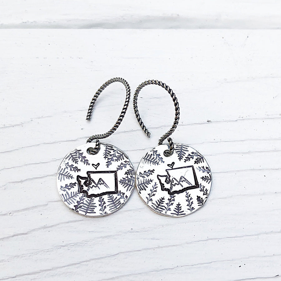 Artisan Sterling Silver Washington State Earrings, Seattle, Tacoma, Olympia, Rainier Rustic Earrings