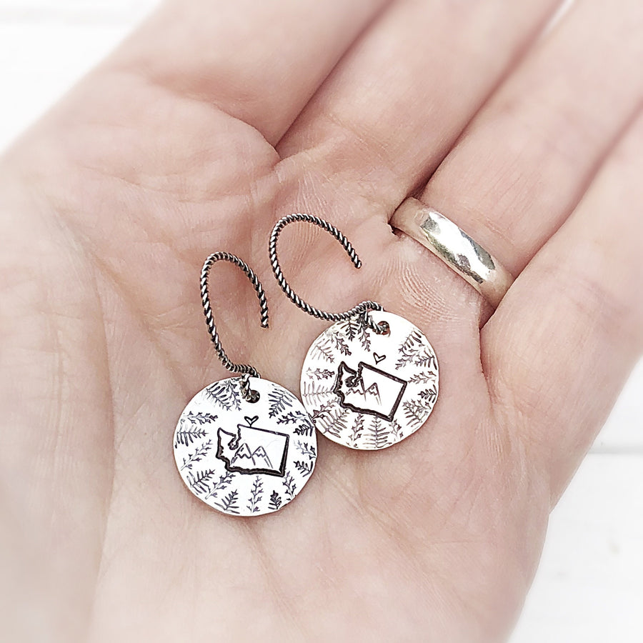 Artisan Sterling Silver Washington State Earrings, Seattle, Tacoma, Olympia, Rainier Rustic Earrings