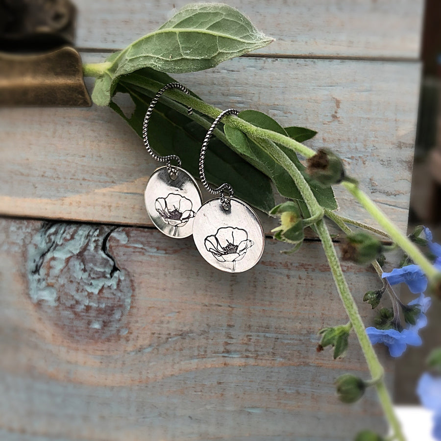 Artisan Sterling Silver Poppy Flower Earrings, Poppy Earrings, Flower Earrings, Hand Stamped Earrings, Classy and Sleek