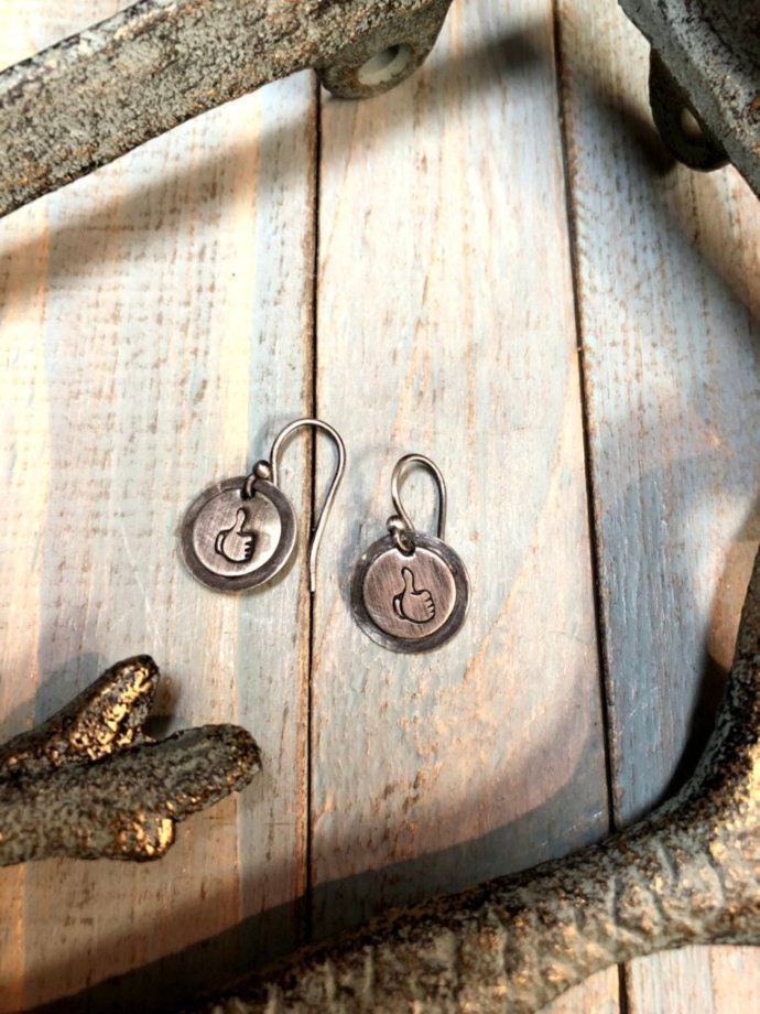 Artisan Sterling Silver Layered and Antiqued Thumbs Up Earrings, Social Media Lover, Unique Gift, Fun Nerdy Minimalist Rustic French Wires