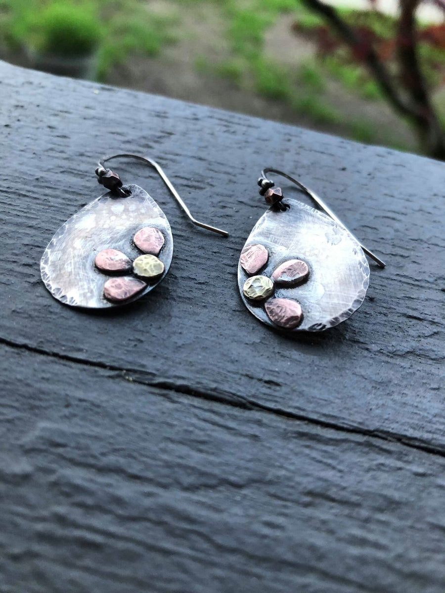 Artisan Sterling Silver Antiqued Flower Petal Teardrop Earrings Boho One of a Kind with Copper and Brass Accents Mixed Metal Statement Art