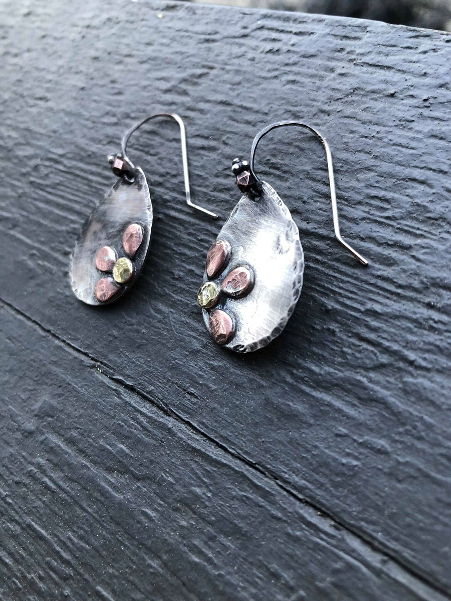 Artisan Sterling Silver Antiqued Flower Petal Teardrop Earrings Boho One of a Kind with Copper and Brass Accents Mixed Metal Statement Art