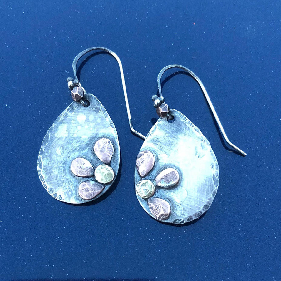 Artisan Sterling Silver Antiqued Flower Petal Teardrop Earrings Boho One of a Kind with Copper and Brass Accents Mixed Metal Statement Art