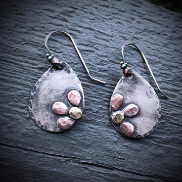 Artisan Sterling Silver Antiqued Flower Petal Teardrop Earrings Boho One of a Kind with Copper and Brass Accents Mixed Metal Statement Art