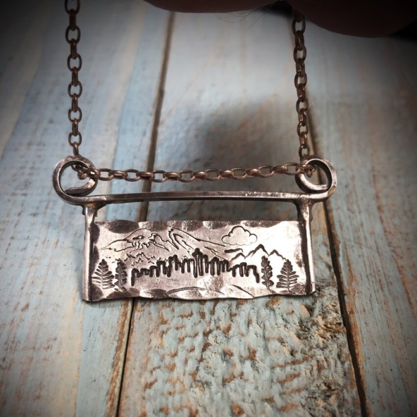 Artisan Stamped Mt Rainier Mountain SEATTLE Washington Scene Pendant Necklace, Sterling Silver, Mount, Simple, Minimal