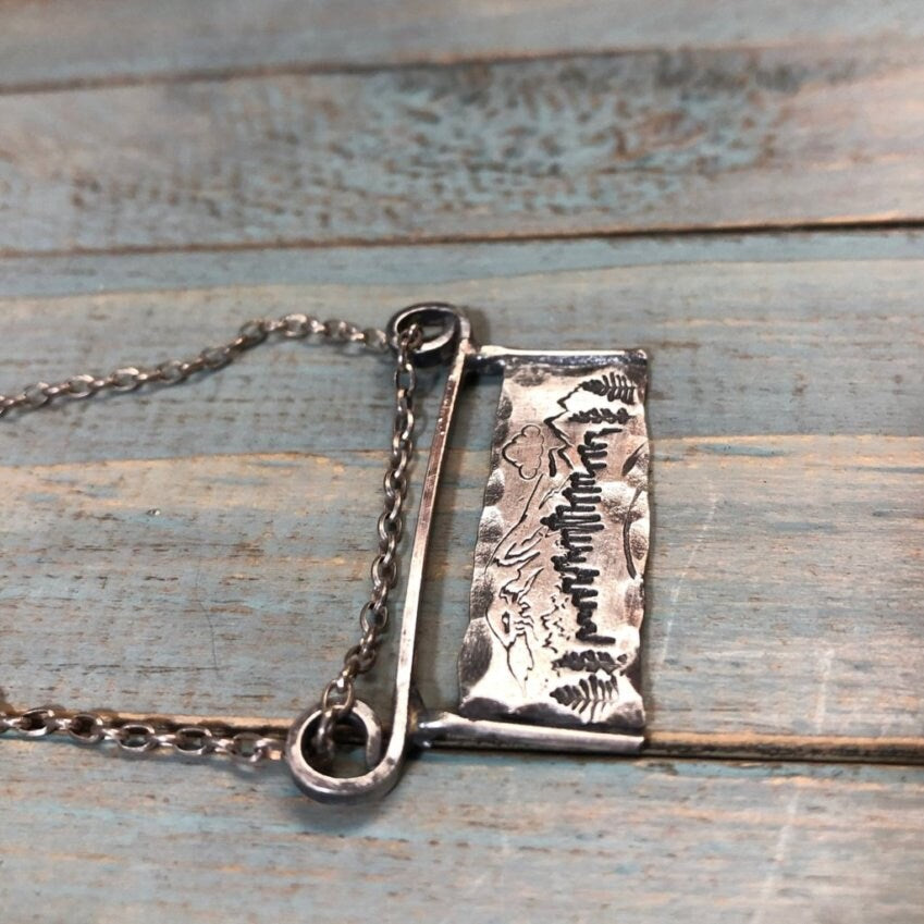 Artisan Stamped Mt Rainier Mountain SEATTLE Washington Scene Pendant Necklace, Sterling Silver, Mount, Simple, Minimal