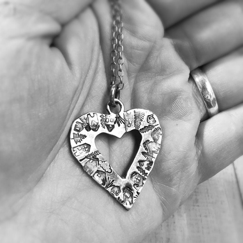 Artisan Stamped Heart Shaped Neighborhood Necklace, Original Little Houses, 100% Profits Benefit the Homeless, One of A Kind Recycled Silver