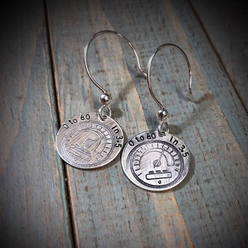 Artisan Sterling Silver Little Speedometer Earrings, Car Racing Earrings, Racing Earrings, Minimalist, Ear Wire, 0 to 60 in 3.5 Phrase, OOAK