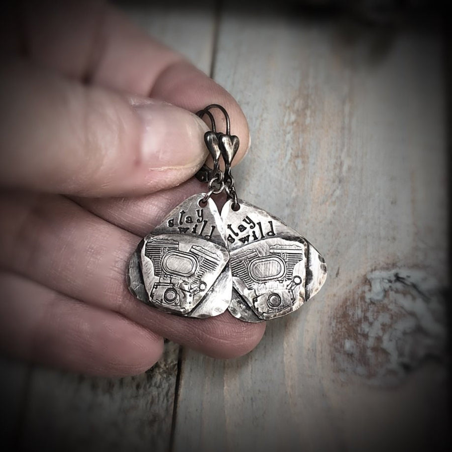 Artisan Sterling Silver Antiqued V-Twin Earrings Motorcycle Riding Biker V Twin Engine One of a Kind Stay Wild Love My Bike Rider