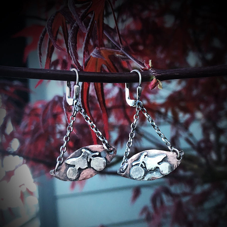 Artisan Sterling Silver and Copper Antiqued Dirtbike Dirt Bike Earrings Motorcycle Riding Biker One of a Kind Dangle Leverback Motorcross