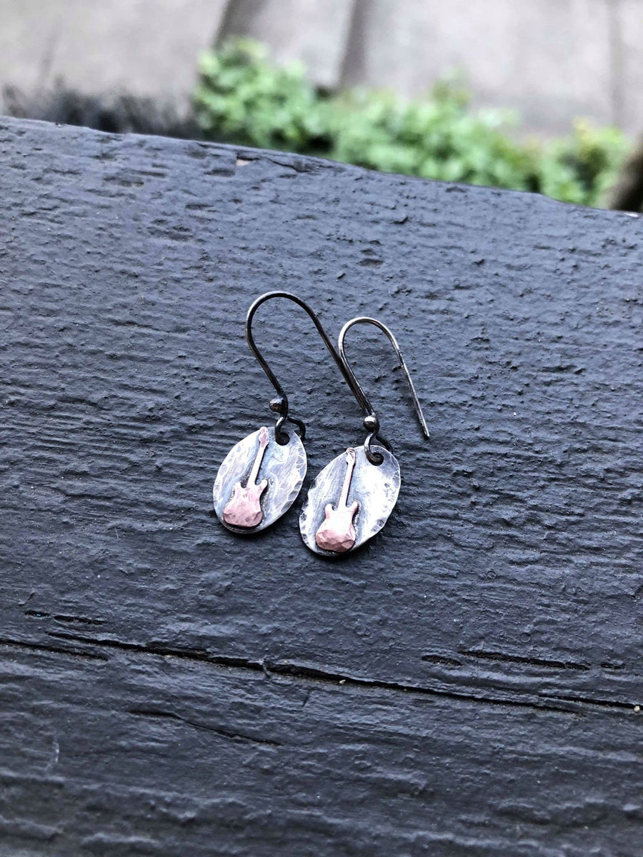 Artisan Sterling Silver and Copper Antiqued One of A Kind Electric Guitar Bass Guitar Earrings Musician Gift, Band Gift, Guitarist Gift