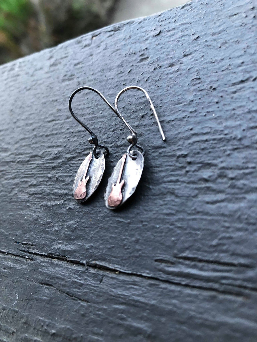 Artisan Sterling Silver and Copper Antiqued One of A Kind Electric Guitar Bass Guitar Earrings Musician Gift, Band Gift, Guitarist Gift