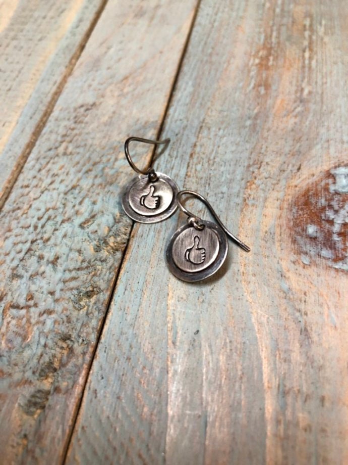 Artisan Sterling Silver Layered and Antiqued Thumbs Up Earrings, Social Media Lover, Unique Gift, Fun Nerdy Minimalist Rustic French Wires