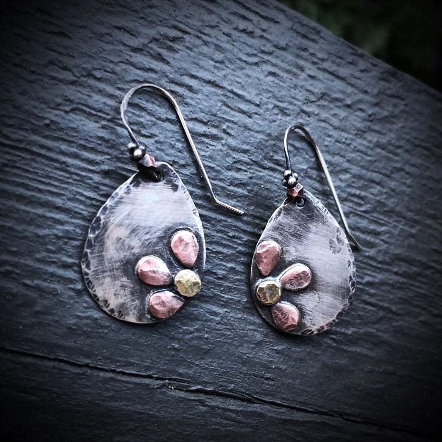 Artisan Sterling Silver Antiqued Flower Petal Teardrop Earrings Boho One of a Kind with Copper and Brass Accents Mixed Metal Statement Art