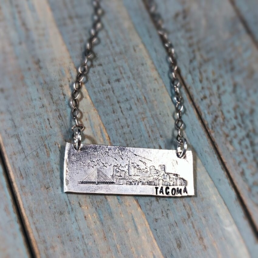 Artisan Stamped Mt Rainier Mountain Washington TACOMA Pendant Necklace, Camping Hiking, Sterling Silver, Mount, Simple, Minimalist, Antiqued