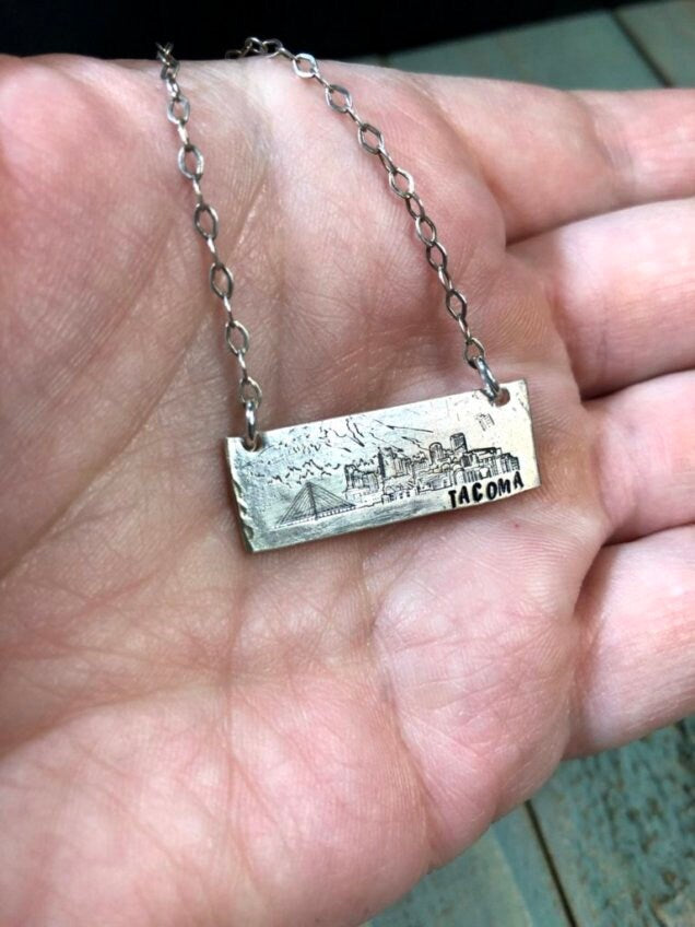 Artisan Stamped Mt Rainier Mountain Washington TACOMA Pendant Necklace, Camping Hiking, Sterling Silver, Mount, Simple, Minimalist, Antiqued