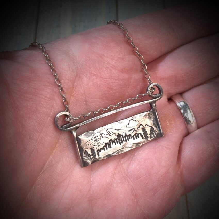 Artisan Stamped Mt Rainier Mountain SEATTLE Washington Scene Pendant Necklace, Sterling Silver, Mount, Simple, Minimal