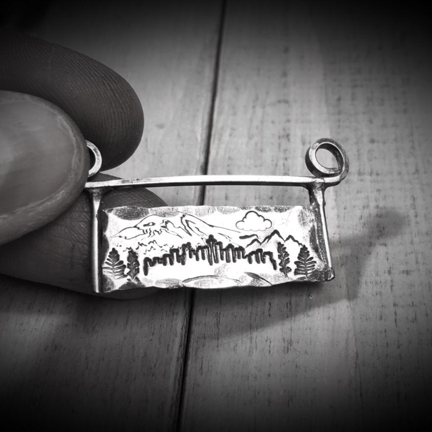 Artisan Stamped Mt Rainier Mountain SEATTLE Washington Scene Pendant Necklace, Sterling Silver, Mount, Simple, Minimal