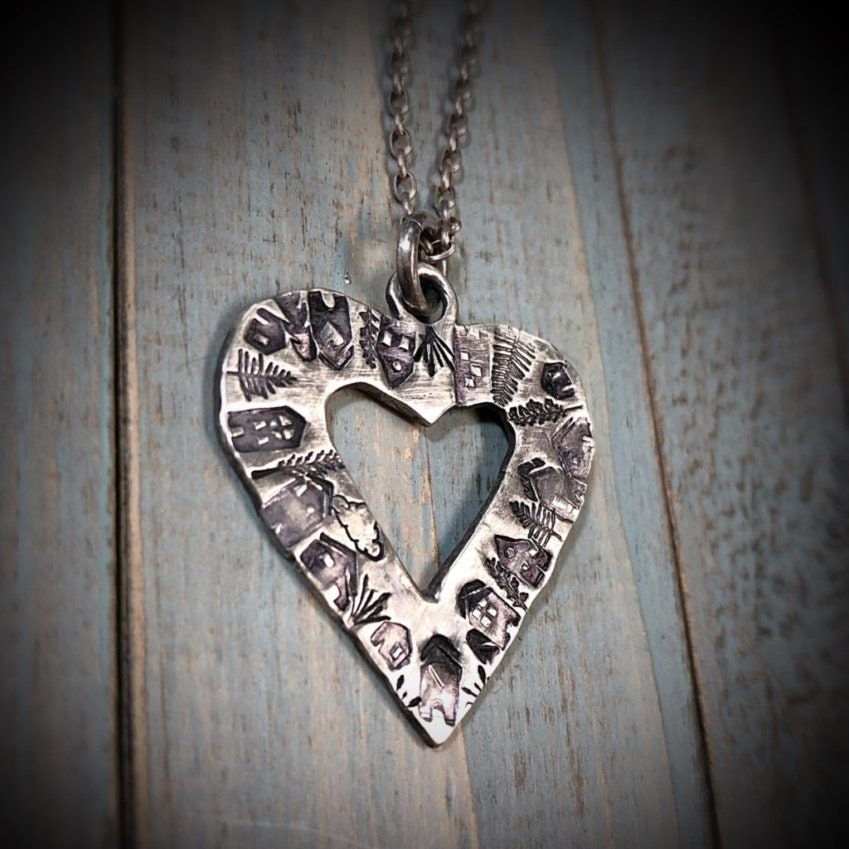 Artisan Stamped Heart Shaped Neighborhood Necklace, Original Little Houses, 100% Profits Benefit the Homeless, One of A Kind Recycled Silver