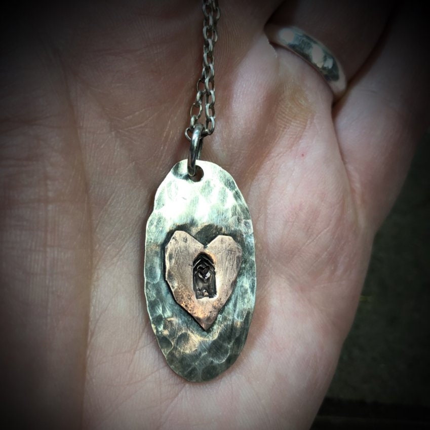 Artisan Stamped Lock with Home House Necklace, Original Little Houses, 100% Profits Benefit the Homeless, One of A Kind Recycled Silver