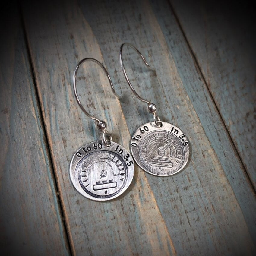 Artisan Sterling Silver Little Speedometer Earrings, Car Racing Earrings, Racing Earrings, Minimalist, Ear Wire, 0 to 60 in 3.5 Phrase, OOAK