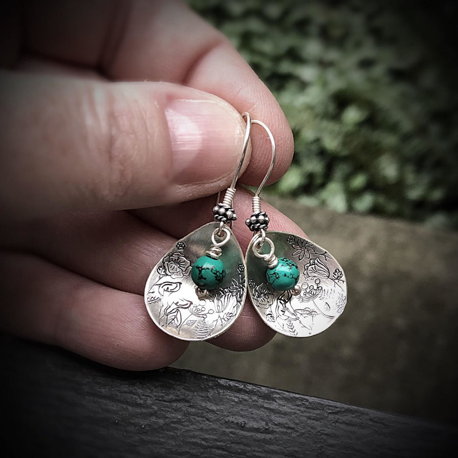 Artisan Sterling Silver Petal & Nevada Turquoise beads with Sterling Earwires Drop Dangle Earrings Beautiful Bali Silver Stamped