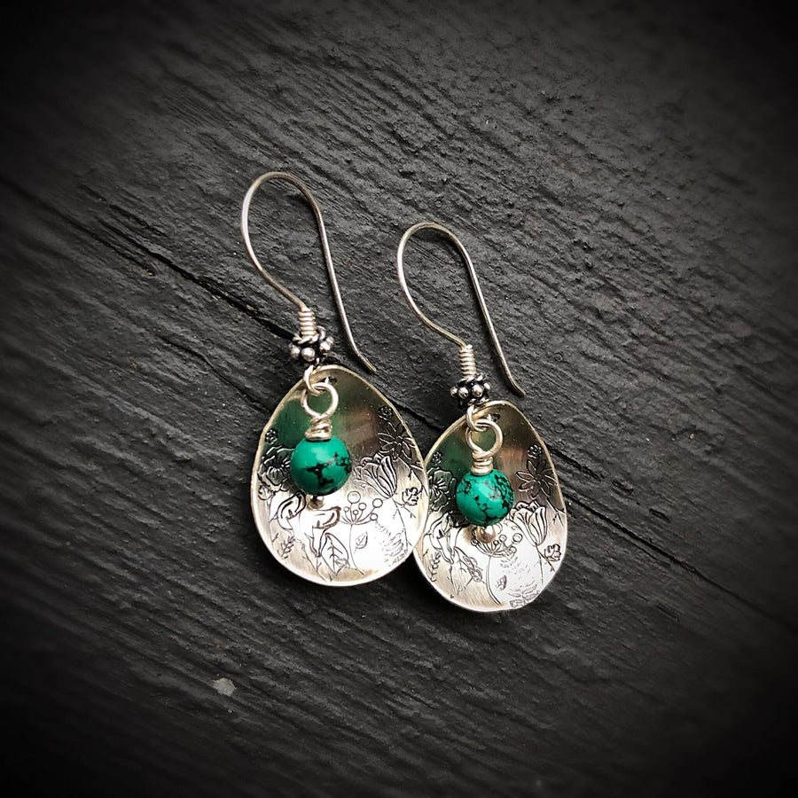 Artisan Sterling Silver Petal & Nevada Turquoise beads with Sterling Earwires Drop Dangle Earrings Beautiful Bali Silver Stamped