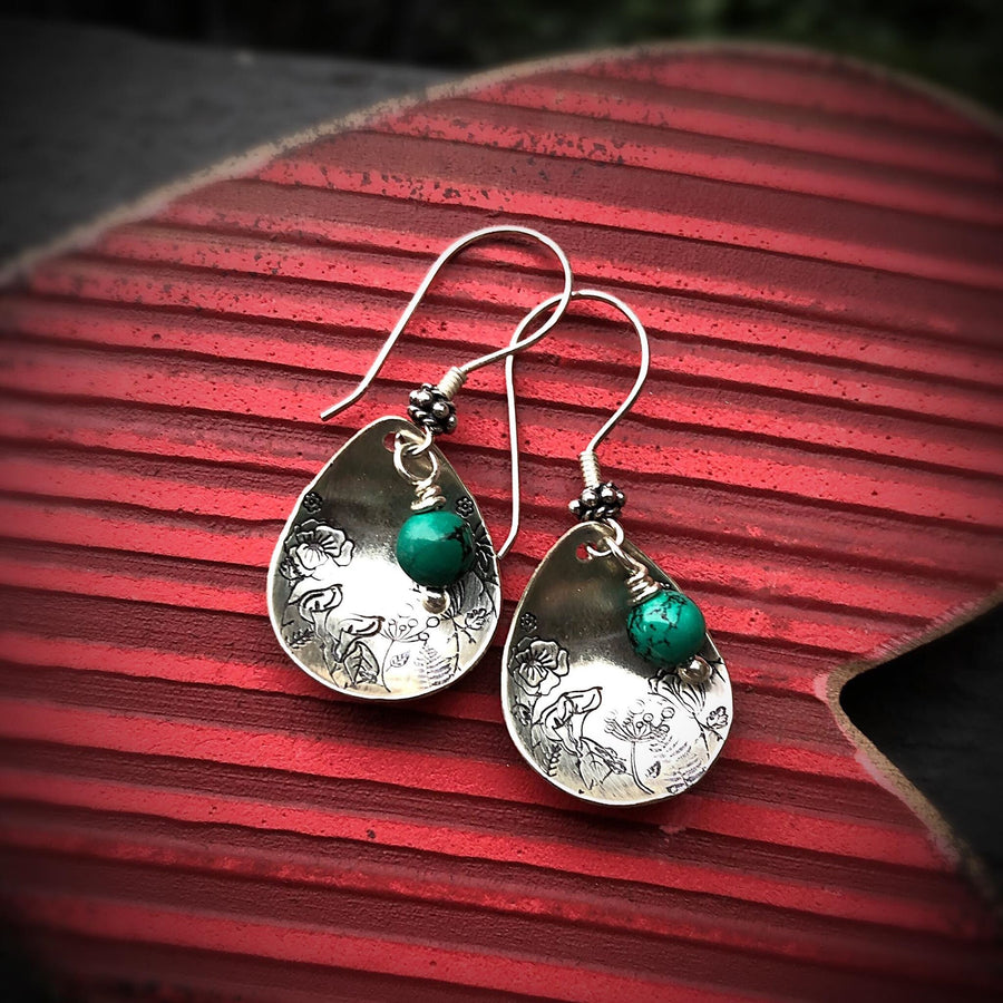 Artisan Sterling Silver Petal & Nevada Turquoise beads with Sterling Earwires Drop Dangle Earrings Beautiful Bali Silver Stamped