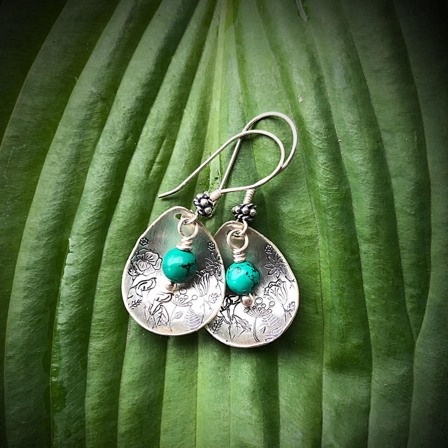 Artisan Sterling Silver Petal & Nevada Turquoise beads with Sterling Earwires Drop Dangle Earrings Beautiful Bali Silver Stamped