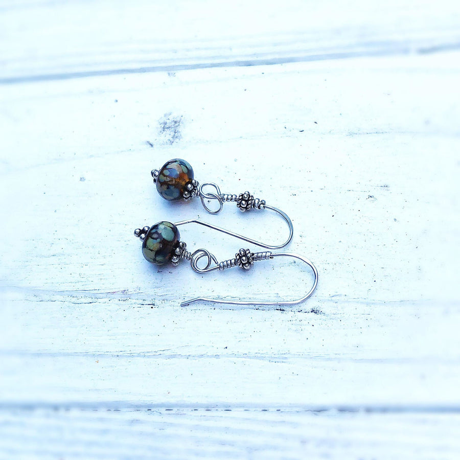 Artisan Sterling Silver & Lampwork Glass beads with Sterling Earwires Drop Dangle Earrings Amazing Bronze Color with Green Gold Blue hues