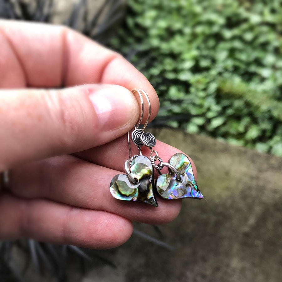 Artisan Sterling Silver & Genuine Paua Abalone beads Heart Shaped with Sterling Earwires Drop Dangle Earrings