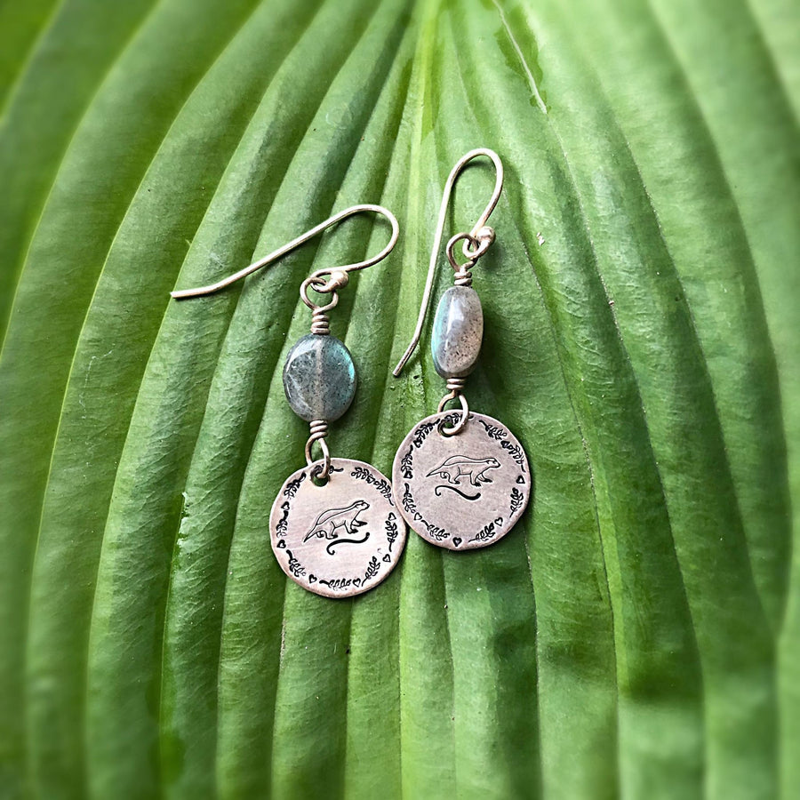 Artisan Sterling Silver & Labradorite Hand Stamped HONEY BADGER with Sterling Earwires Drop Dangle Earrings