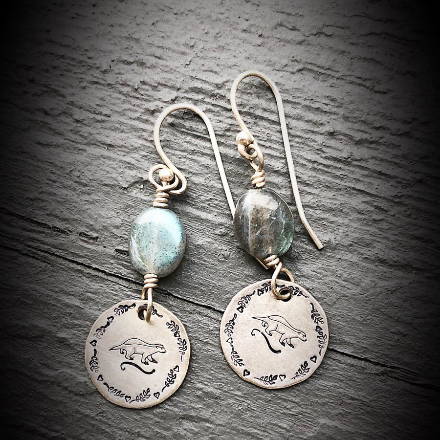 Artisan Sterling Silver & Labradorite Hand Stamped HONEY BADGER with Sterling Earwires Drop Dangle Earrings