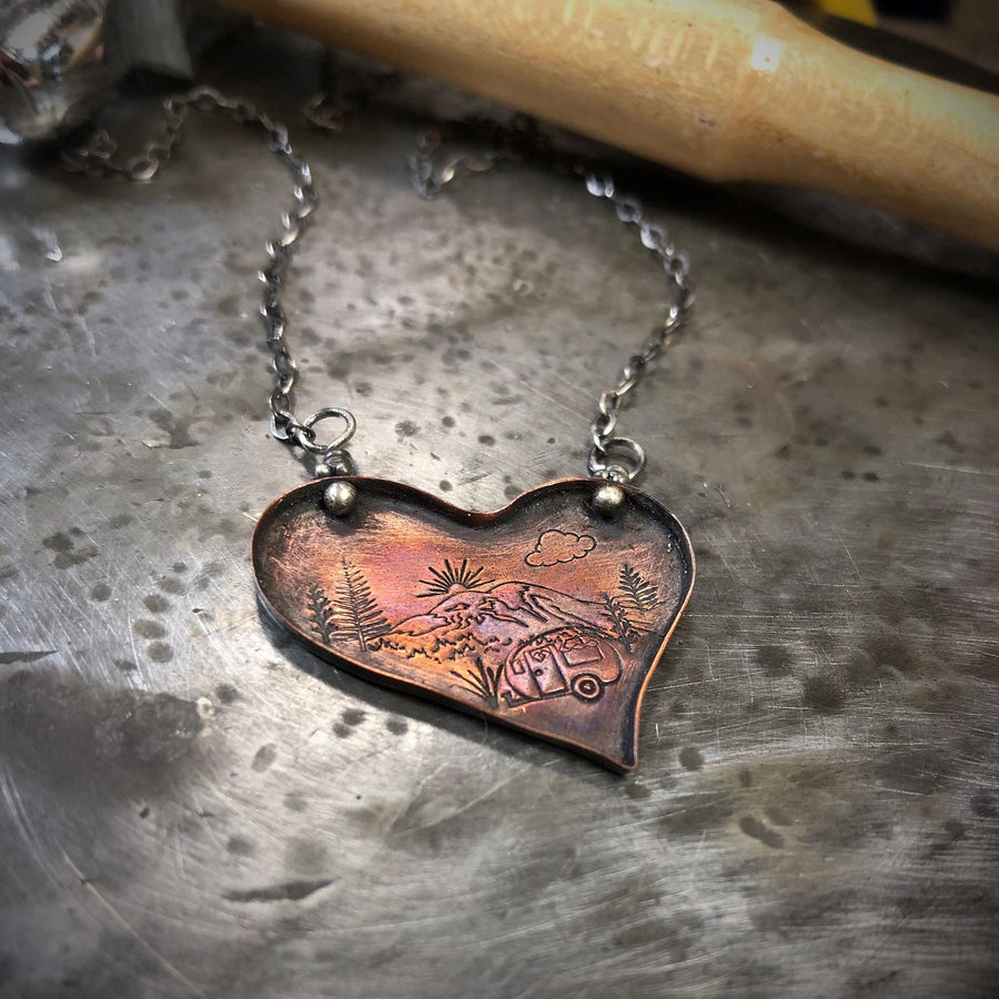 Artisan Sterling Silver and Copper Gorgeous Rustic Camping Scene in a Heart - Subtle and Classy - Lightweight Camper Mountains Rainier